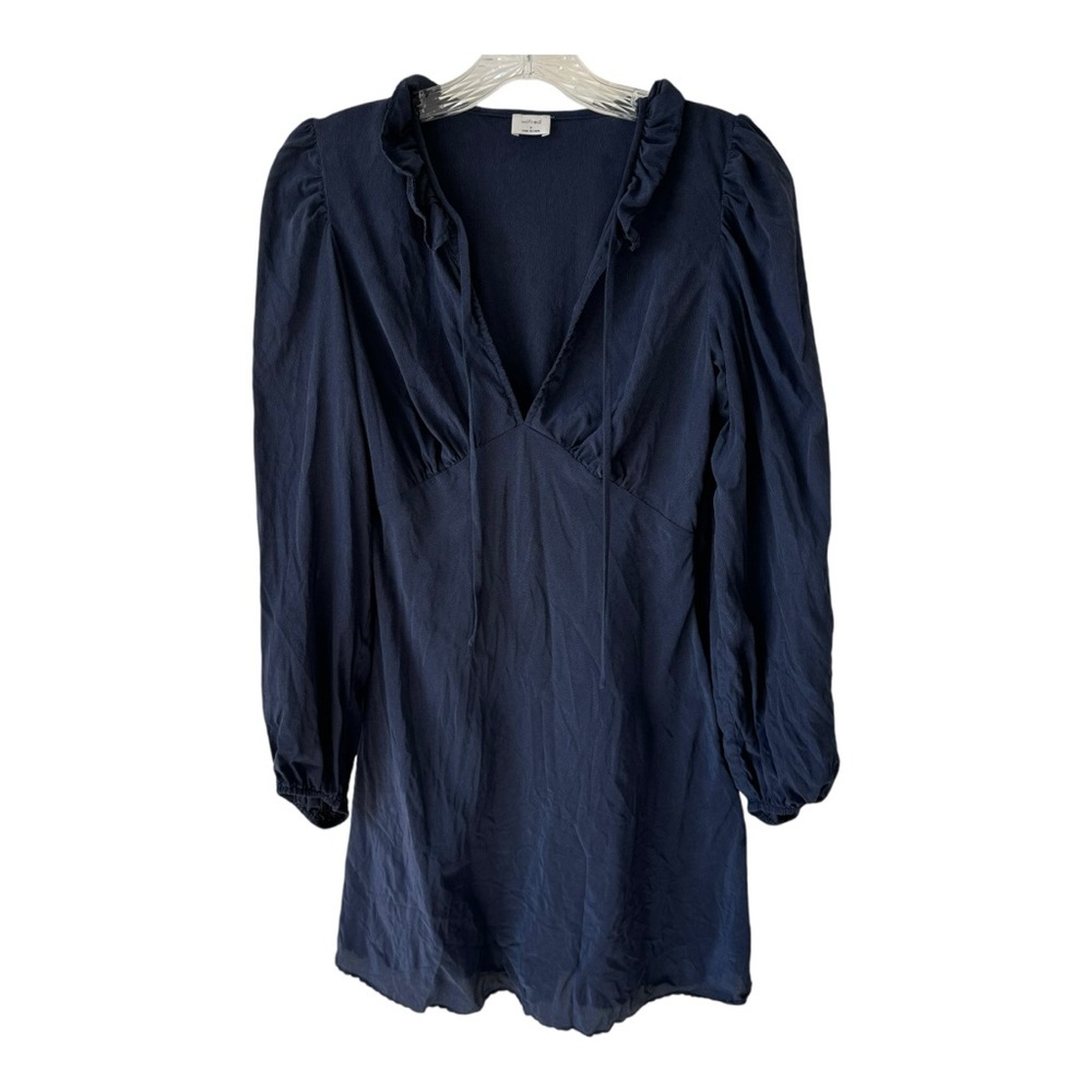 Aritzia Wilfred Navy Ruffle Collar Balloon Sleeve Silk Mini Dress